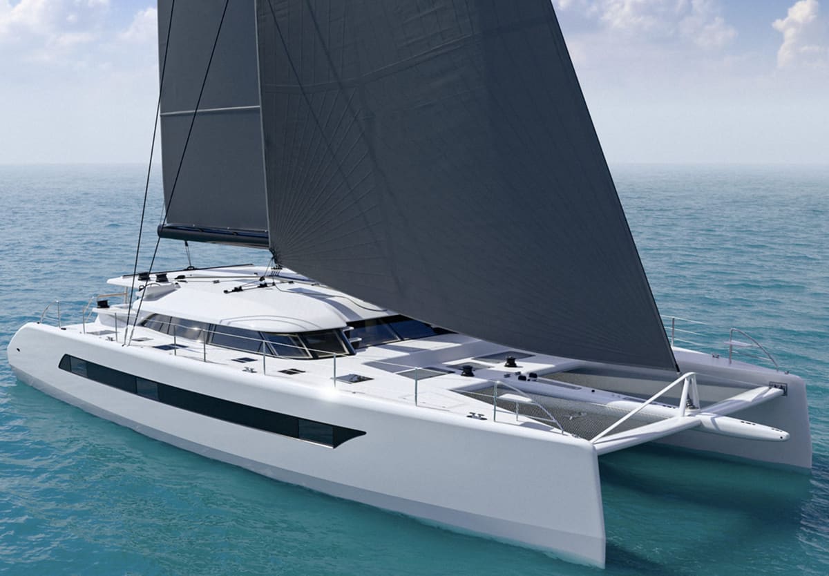 First Light, a white catamaran with charcoal sails, under way on open water